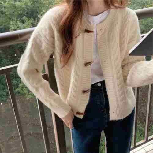 Women Loose Round Neck Horn Buttons Knitted Cardigans Sweaters Tops