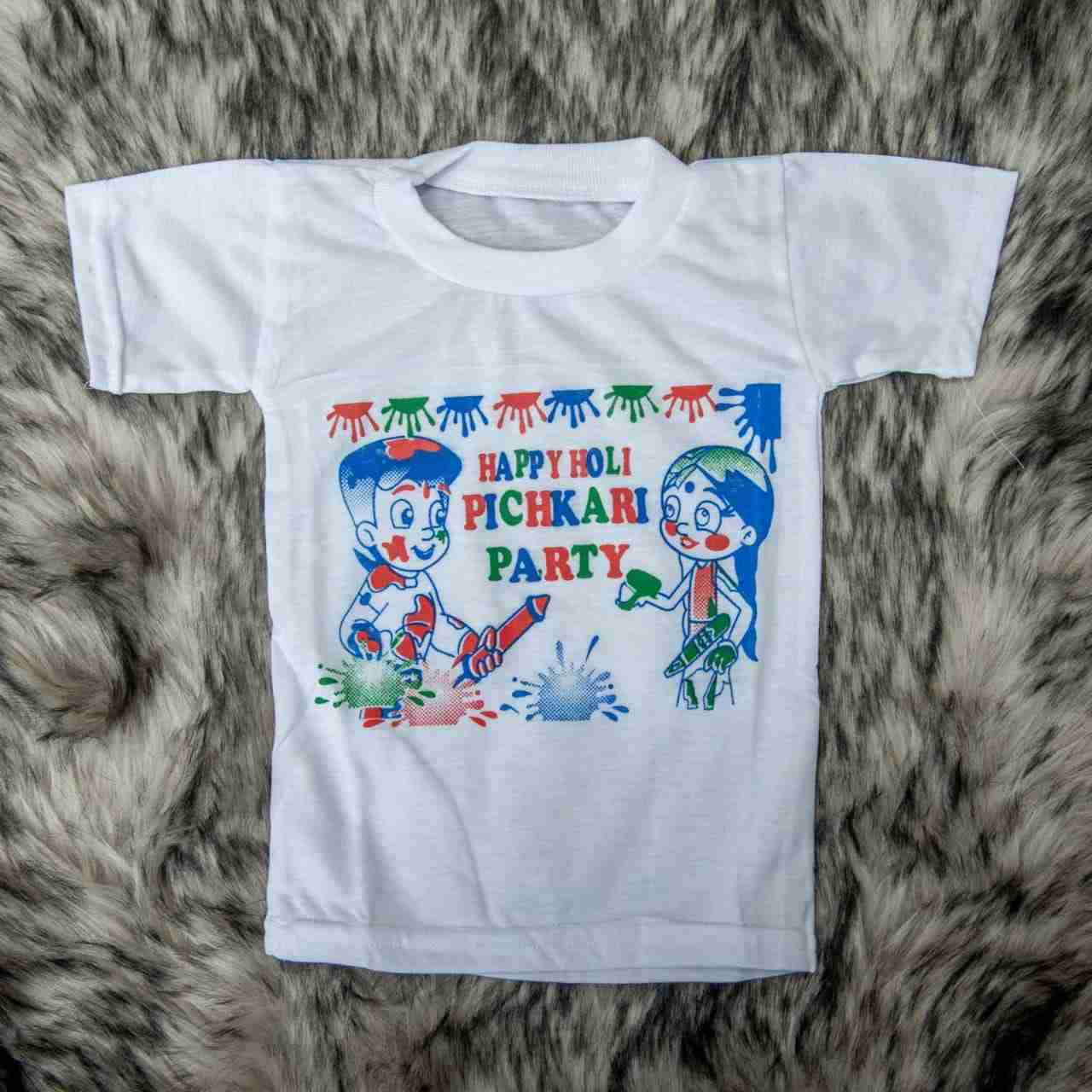 White Happy Holi Printed T-Shirt Kor Kids By Arushi