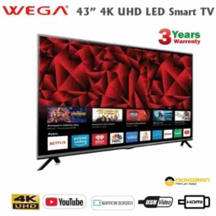 Wega 43" X10 4K UHD LED Smart Android TV, 1GB Ram 8GB Rom, Double Glass Protection