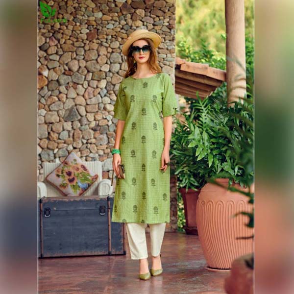 FuLoo's Olive Pure Cotton Pattern Designer Embroidered Kurti for Women (ONLY KURTI) #03