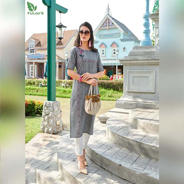 Maple Cotton designer embroidered Kurti Only # LightGrey