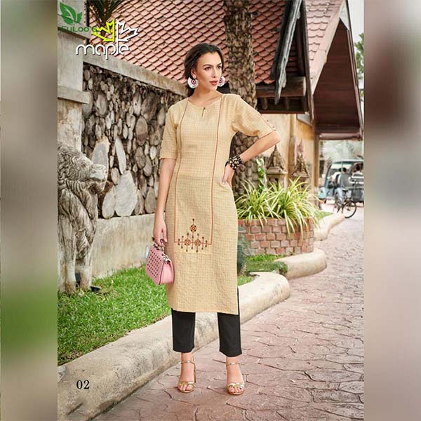 Maple Cotton designer embroidered Kurti Only #Cream